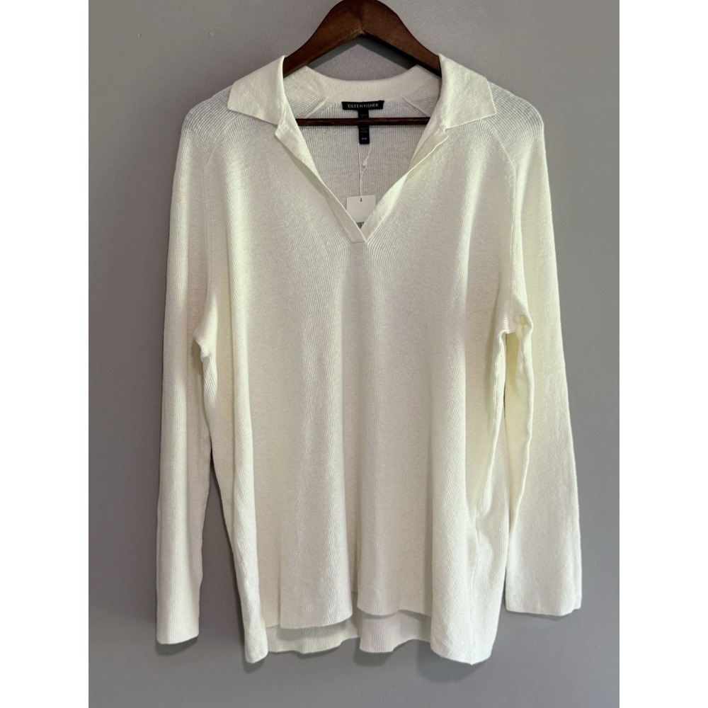 Eileen Fisher Linen Crepe Stretch Top Boxy Ivory Cream Classic Collar Texture M - Picture 2 of 16
